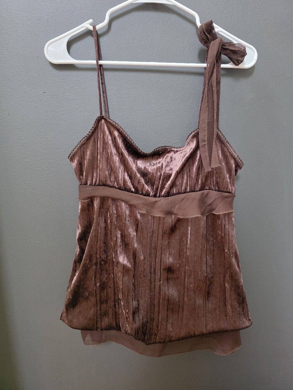 Y2K Brown Crushed Velvet Cami Top Layered Sheer Hem Bow Boho Indie Fairy M